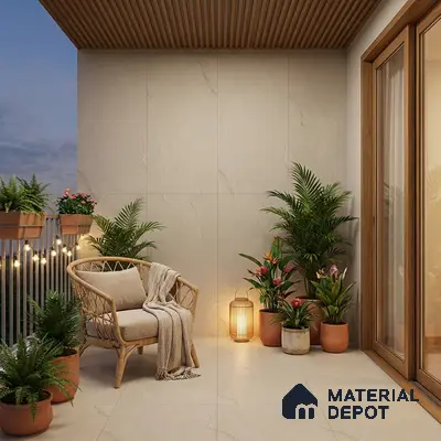 Scandinavian balcony with beige stone wall tiles, wooden ceiling louvers, and neutral floor tiles