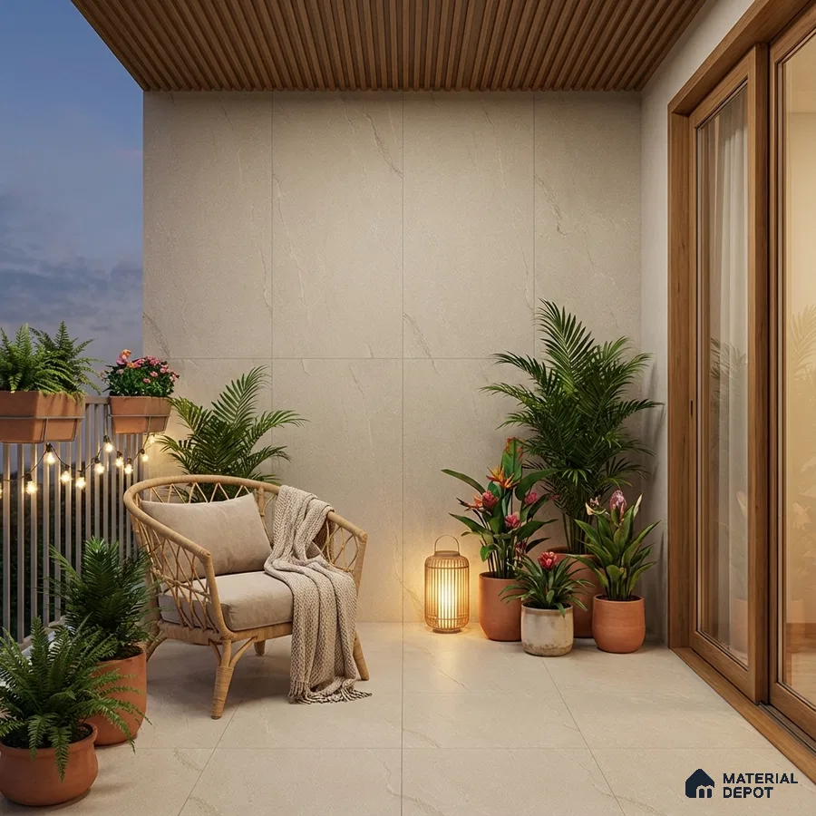 Scandinavian balcony with beige stone wall tiles, wooden ceiling louvers, and neutral floor tiles