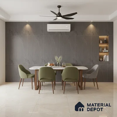 Modern dining room with grey stone wall tiles, marble dining table, and beige marble floor tiles