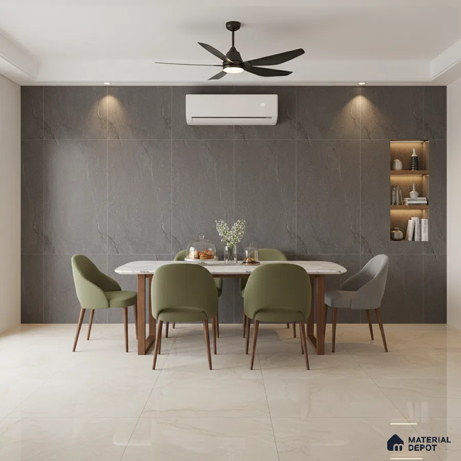 Modern dining room with grey stone wall tiles, marble dining table, and beige marble floor tiles