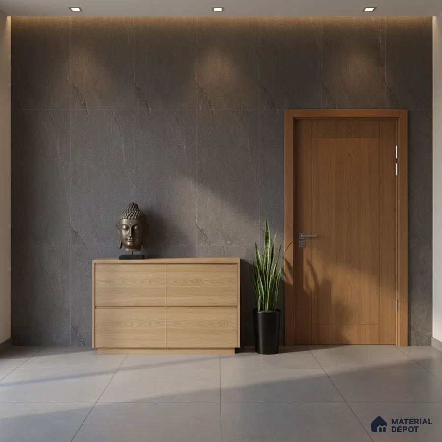 Minimalist foyer with grey stone wall tiles, light oak laminate console, and large format grey floor tiles