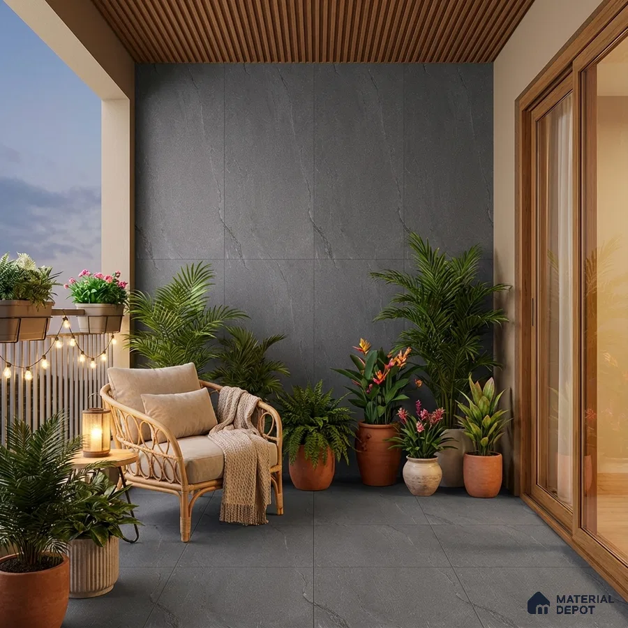 Scandinavian balcony with grey stone wall tiles, wooden louver ceiling, and natural rattan furniture