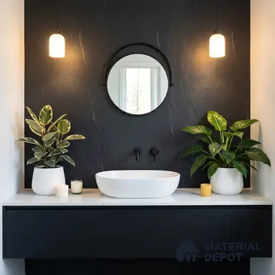 Minimalist bathroom with matte black stone wall tile and white quartz countertop