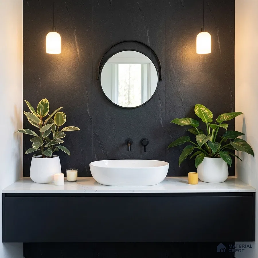 Minimalist bathroom with matte black stone wall tile and white quartz countertop