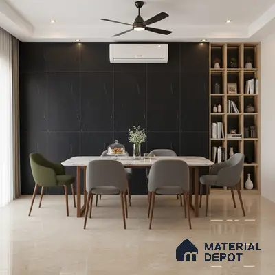 Modern dining room with black marble wall tiles, beige polished floor tiles, and wood open shelving