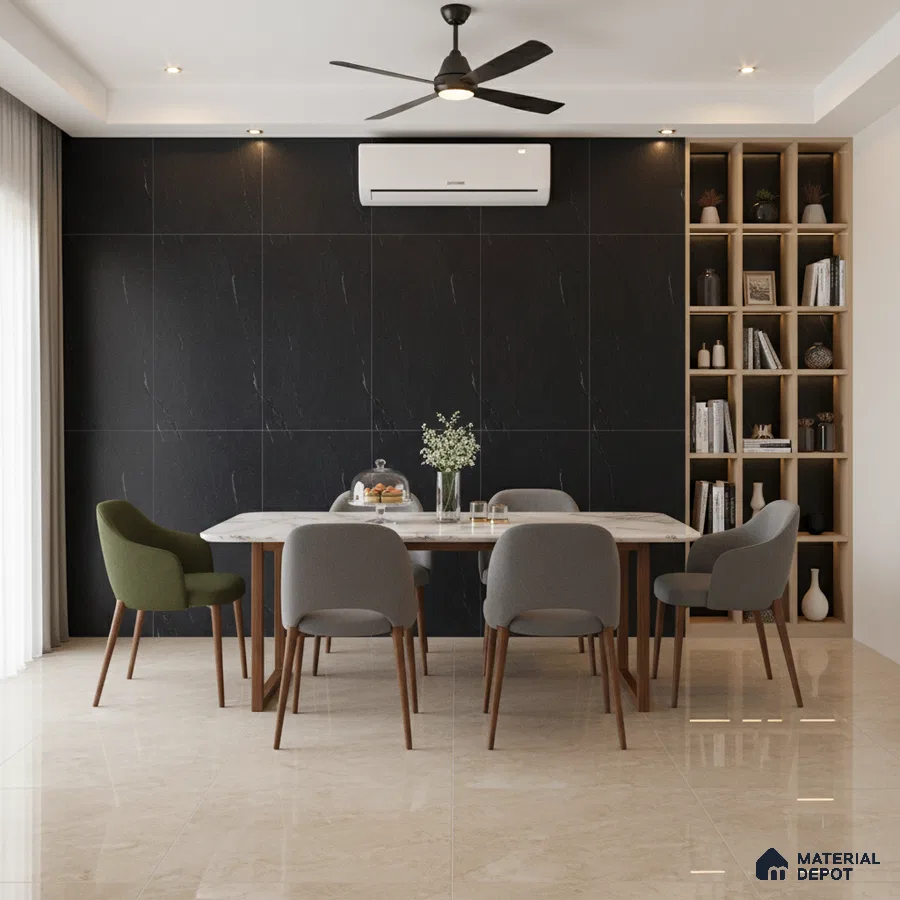 Modern dining room with black marble wall tiles, beige polished floor tiles, and wood open shelving