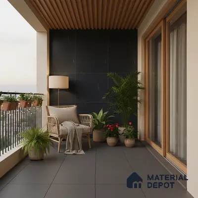 Modern balcony with black stone wall tiles, wooden ceiling louvers, and matte grey floor tiles