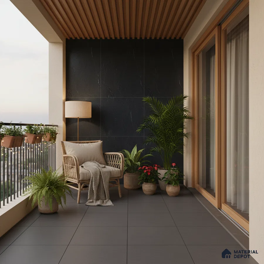 Modern balcony with black stone wall tiles, wooden ceiling louvers, and matte grey floor tiles