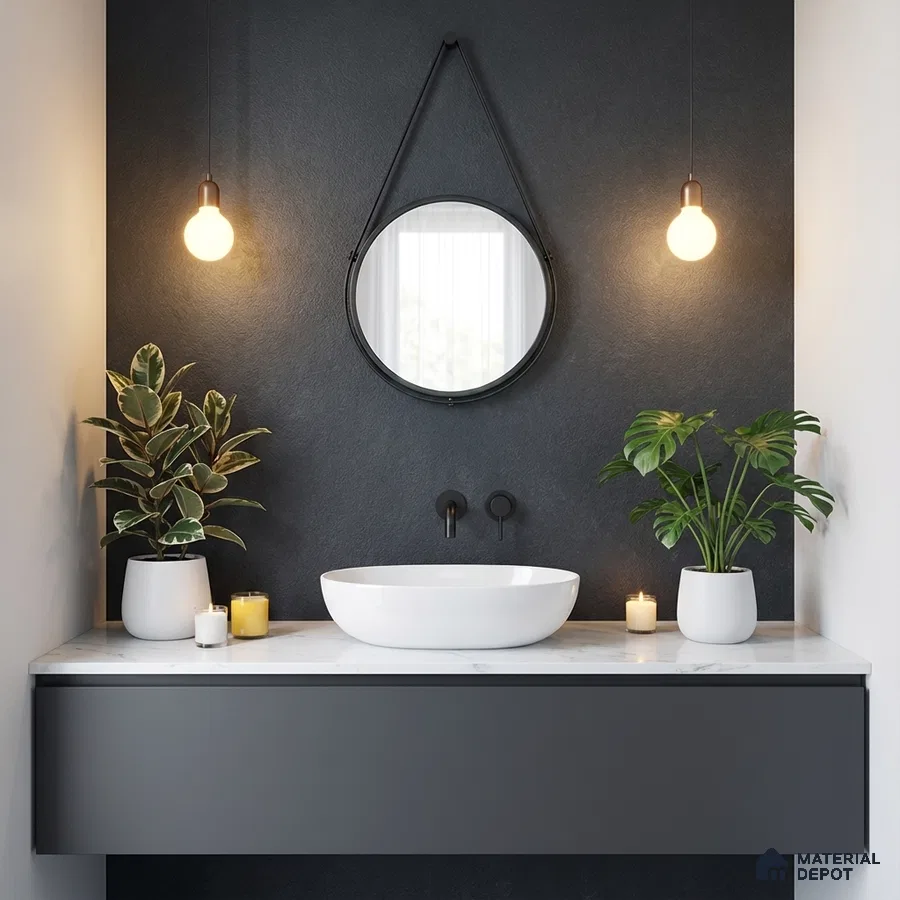 Minimalist bathroom with matte black wall, white marble countertop, and grey floating vanity
