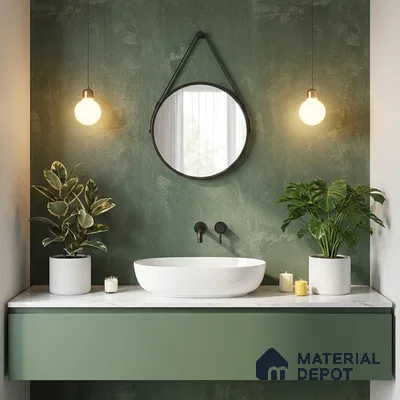 Scandinavian bathroom with sage green laminate vanity and marble countertop