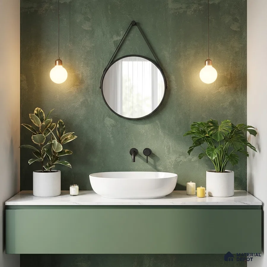 Scandinavian bathroom with sage green laminate vanity and marble countertop