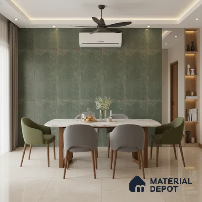 Modern dining room with green textured wall panels and marble-look dining table