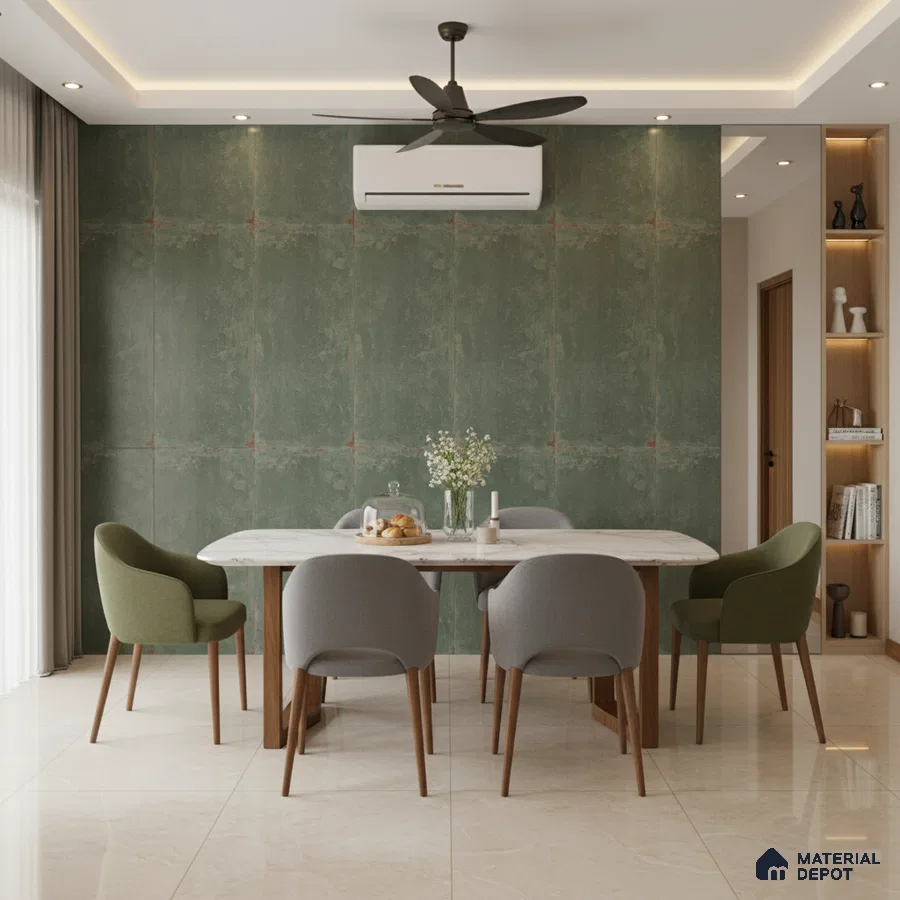 Modern dining room with green textured wall panels and marble-look dining table