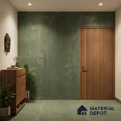 Modern foyer with sage green stone wall and floor tiles, vertical oak wood louvered door, and walnut laminate console