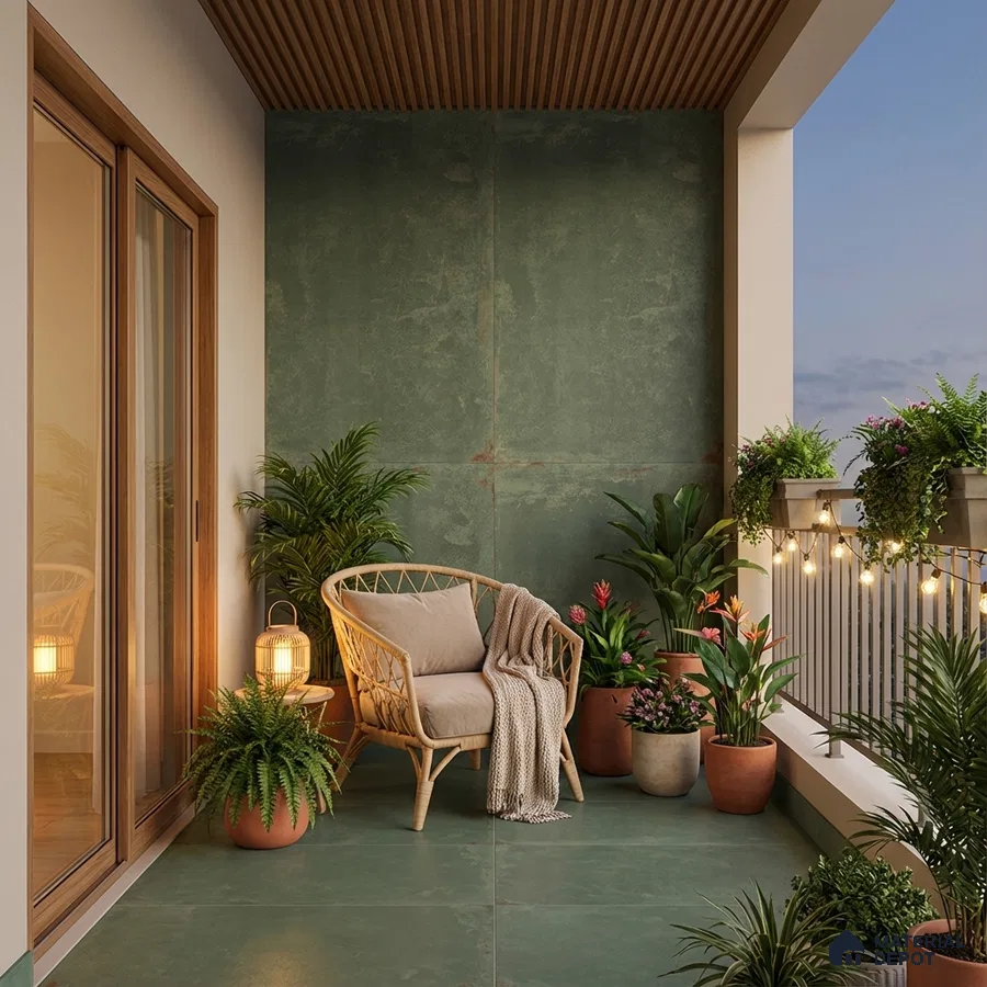 Scandinavian balcony with green stone tiles, wooden ceiling louvers, and rattan chair