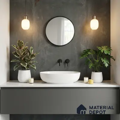 Minimalist bathroom with matte charcoal wall, white marble countertop, and grey floating vanity