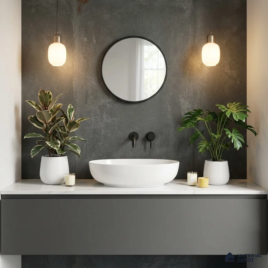 Minimalist bathroom with matte charcoal wall, white marble countertop, and grey floating vanity