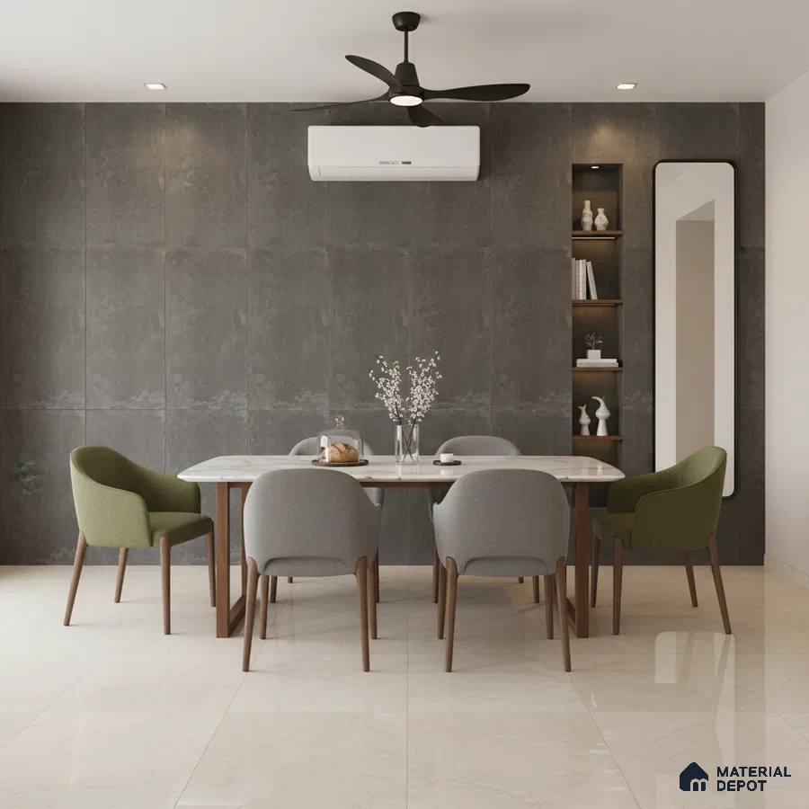 Modern dining room with grey stone wall tiles, marble dining table, and beige polished floor tiles