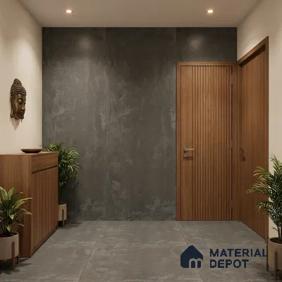 Modern foyer with walnut wood laminate, grey stone wall cladding, and large format grey floor tiles