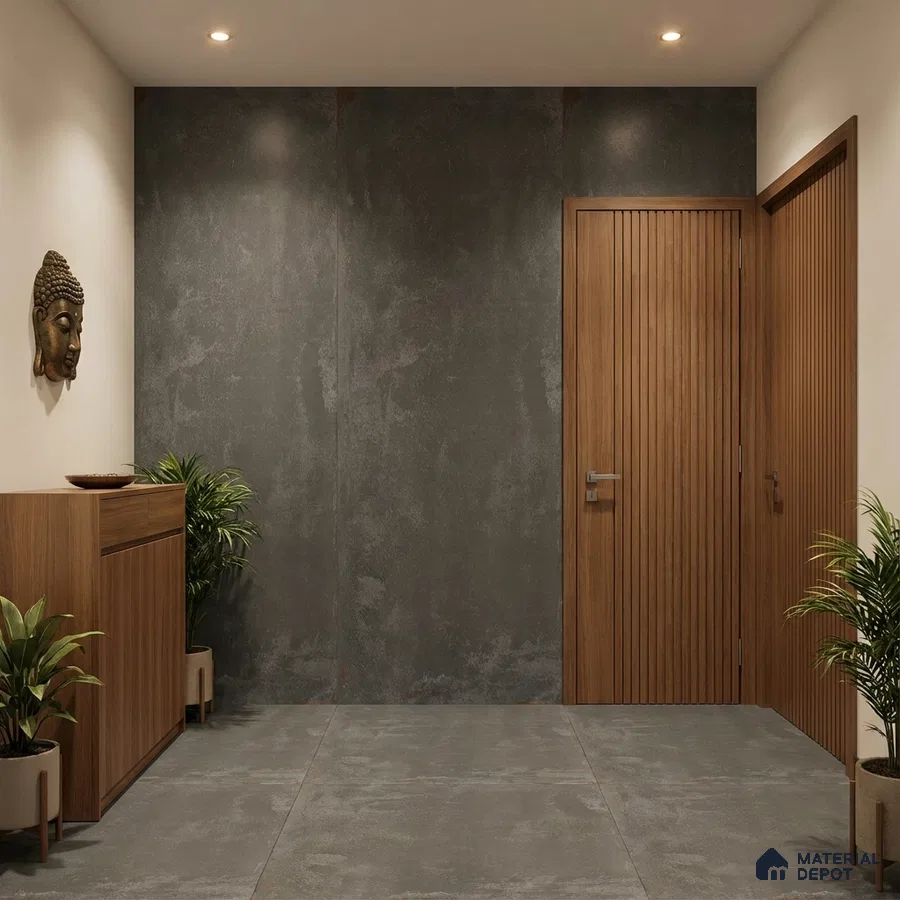 Modern foyer with walnut wood laminate, grey stone wall cladding, and large format grey floor tiles