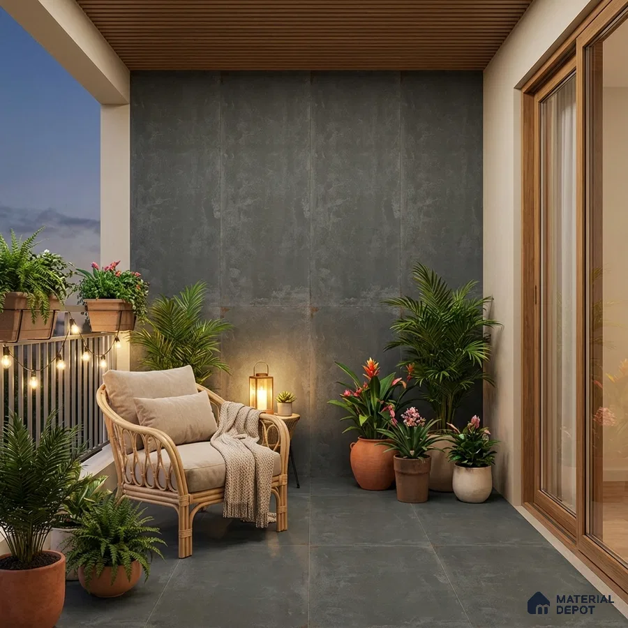Modern balcony with charcoal grey stone tiles, wooden ceiling louvers, and rattan seating