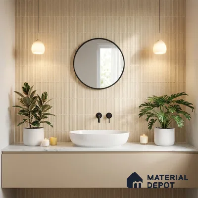 Minimalist bathroom with beige kitkat wall tiles and matte beige vanity