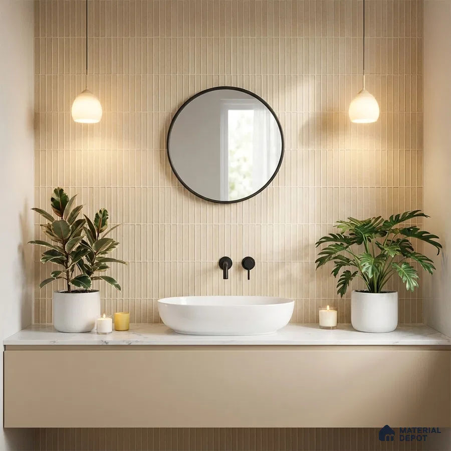 Minimalist bathroom with beige kitkat wall tiles and matte beige vanity