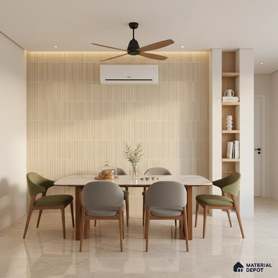 Scandinavian dining room with beige vertical kitkat wall tiles, marble dining table, and light beige floor tiles