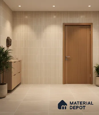 Minimalist foyer with beige vertical wall tiles, light wood laminate cabinet, and fluted wooden door