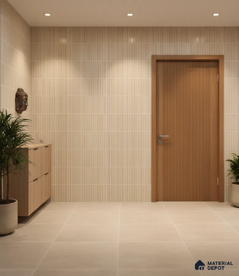 Minimalist foyer with beige vertical wall tiles, light wood laminate cabinet, and fluted wooden door