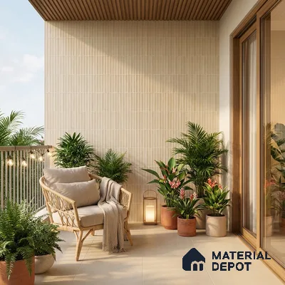 Scandinavian balcony with beige kitkat wall tiles, wooden ceiling panels, and neutral floor tiles