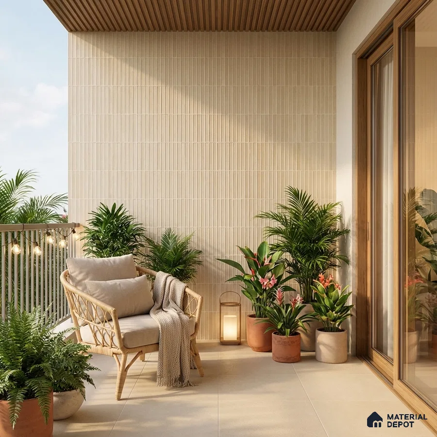 Scandinavian balcony with beige kitkat wall tiles, wooden ceiling panels, and neutral floor tiles