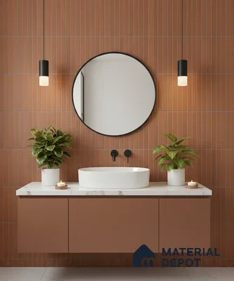 Minimalist bathroom with terracotta kitkat wall tiles and matte brown vanity laminate