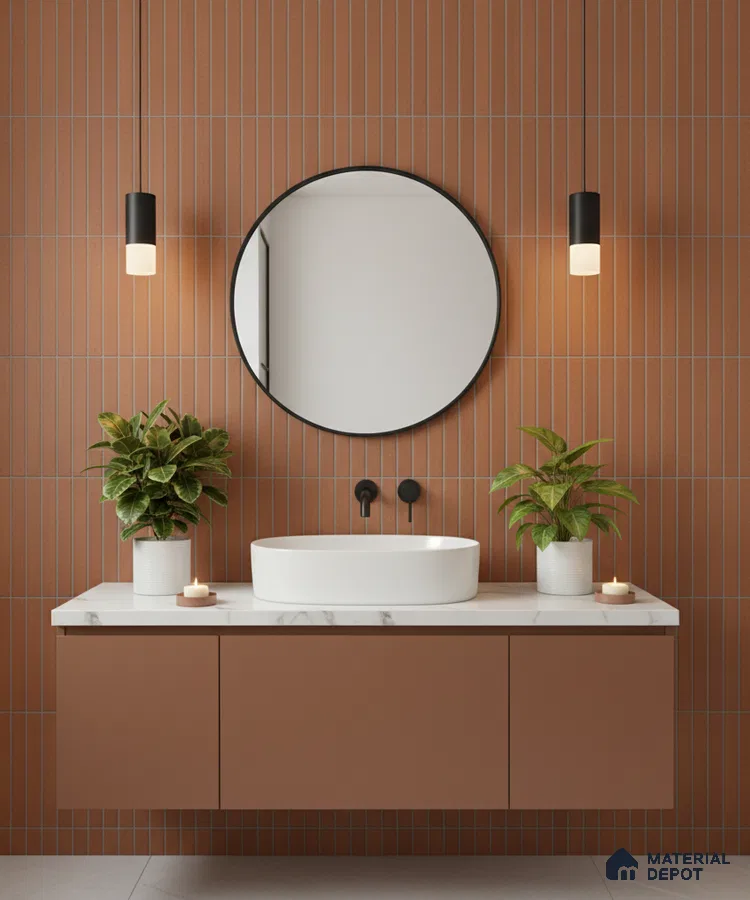 Minimalist bathroom with terracotta kitkat wall tiles and matte brown vanity laminate