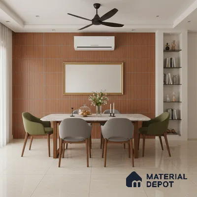 Modern dining room with terracotta kitkat wall tiles and marble dining table