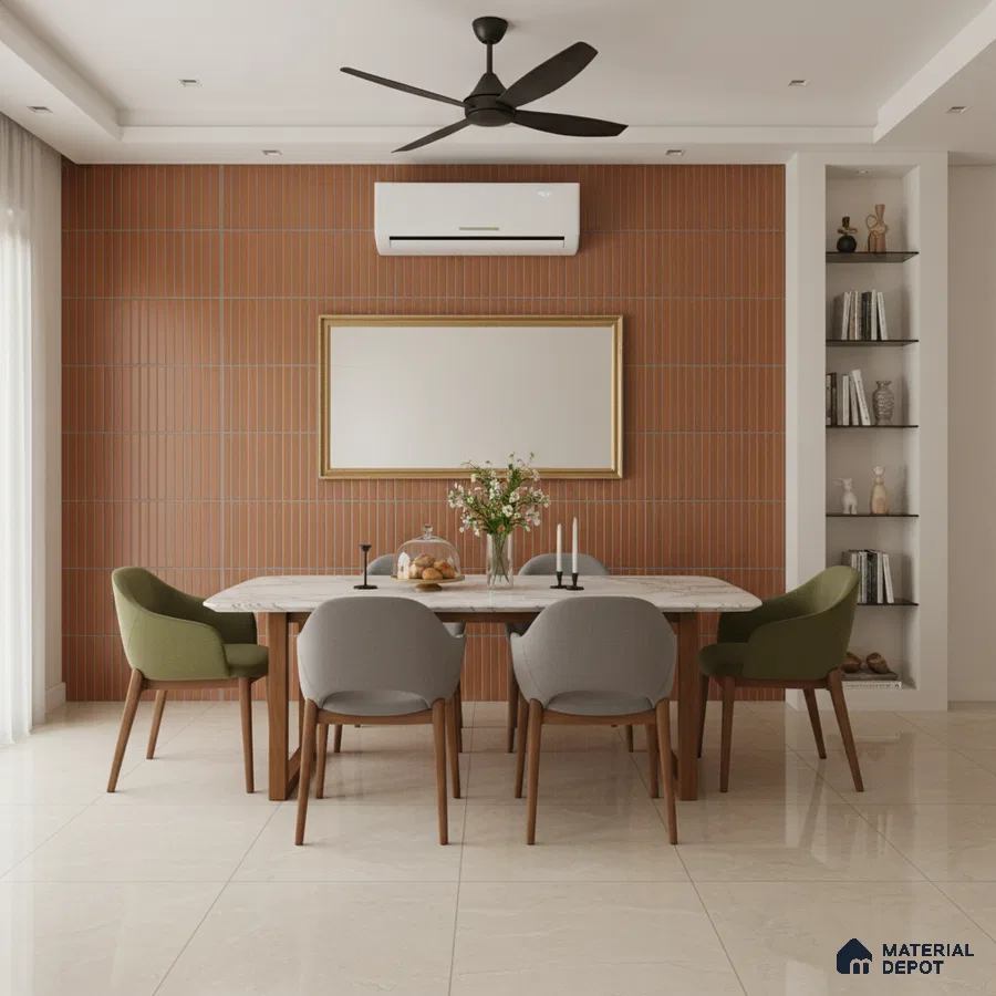 Modern dining room with terracotta kitkat wall tiles and marble dining table