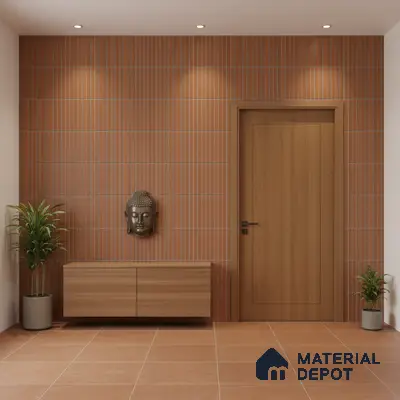 Minimalist foyer with terracotta vertical wall tiles and light oak laminate console