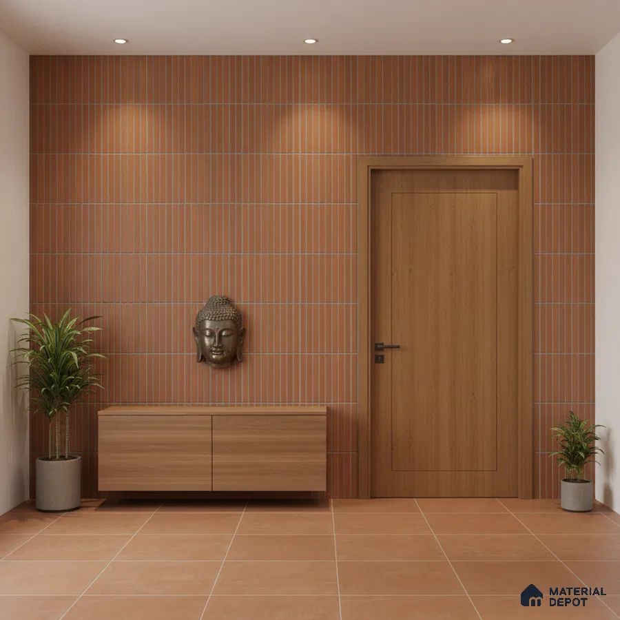Minimalist foyer with terracotta vertical wall tiles and light oak laminate console