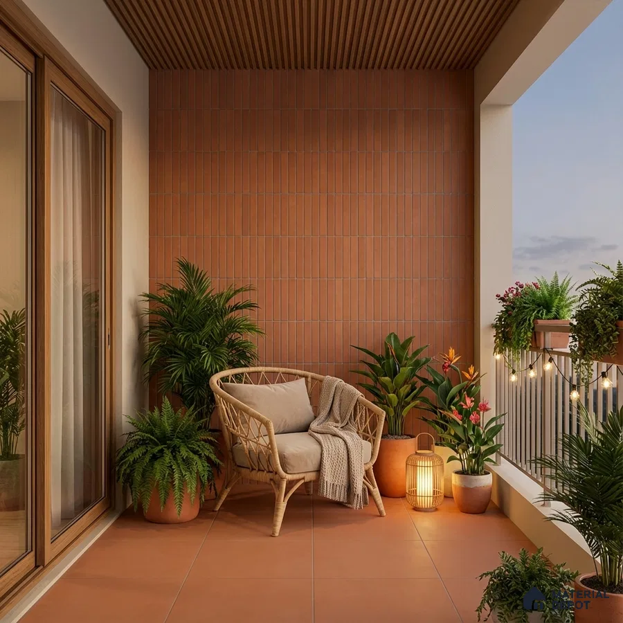 Scandinavian balcony with terracotta vertical wall tiles, terracotta floor tiles, and wooden ceiling louvers