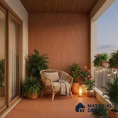 Scandinavian balcony with terracotta vertical wall tiles, terracotta floor tiles, and wooden ceiling louvers