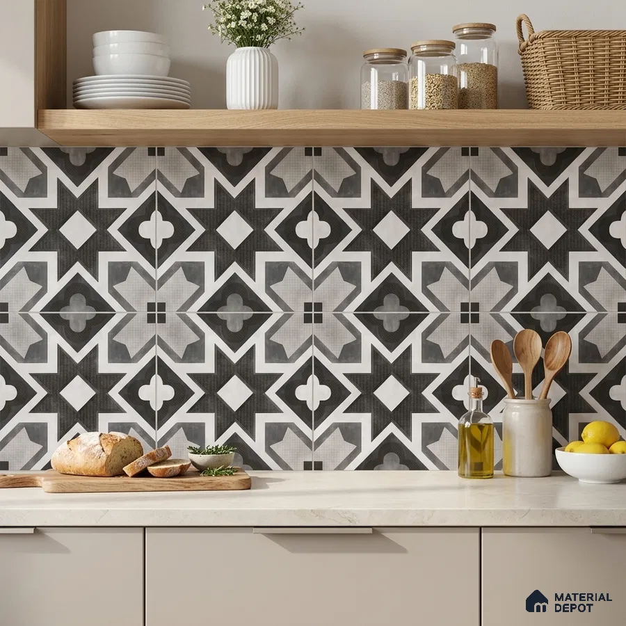Modern kitchen with geometric black-and-white patterned backsplash tile and beige laminate cabinets
