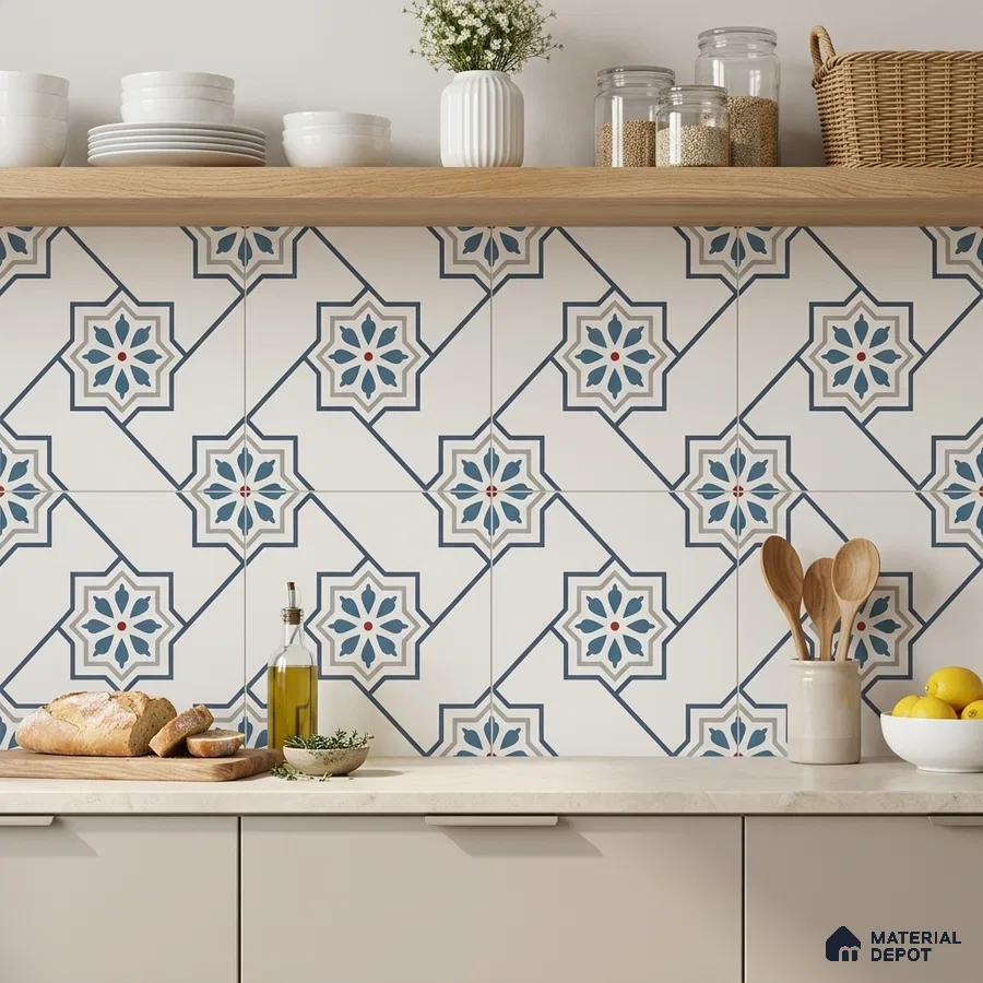 Mediterranean kitchen with blue geometric moroccan backsplash tiles and beige quartz countertop