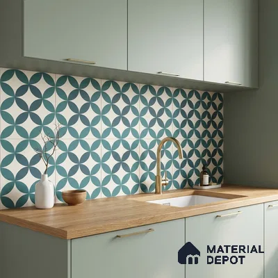Scandinavian kitchen with sage green laminate cabinets, geometric blue patterned backsplash tile, and wood countertop
