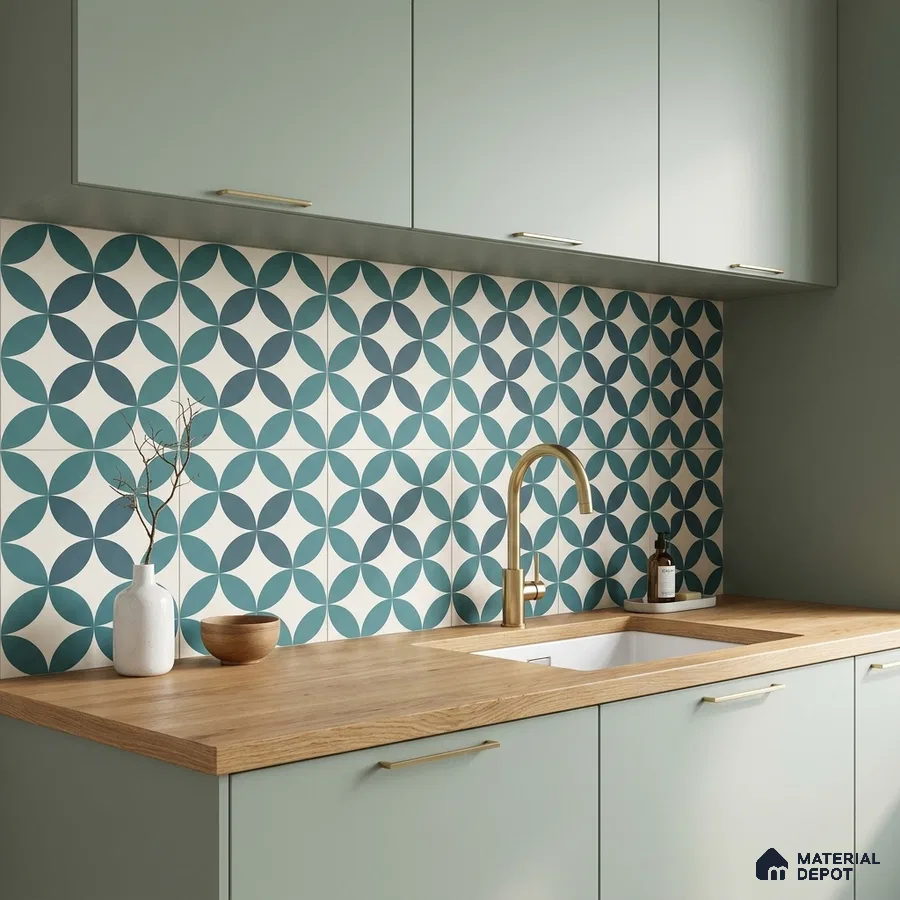 Scandinavian kitchen with sage green laminate cabinets, geometric blue patterned backsplash tile, and wood countertop
