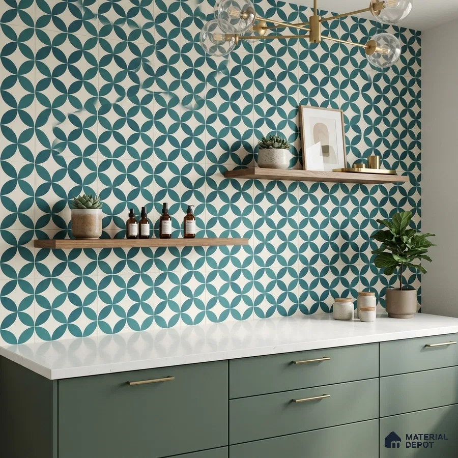 Modern kitchen with geometric teal patterned wall tiles and sage green laminate cabinets