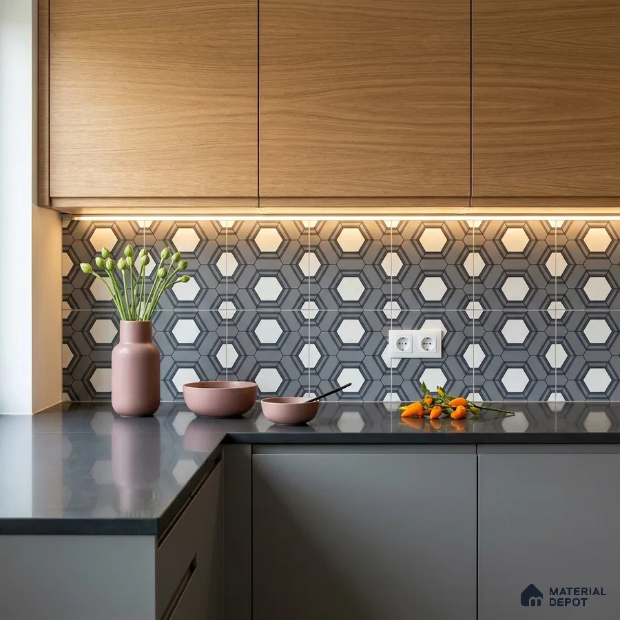 Modern kitchen with oak wood laminate, grey quartz countertop, and geometric patterned backsplash tiles