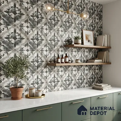 Modern kitchen with sage green laminate cabinets, white quartz countertop, and black-and-white floral patterned wall tiles