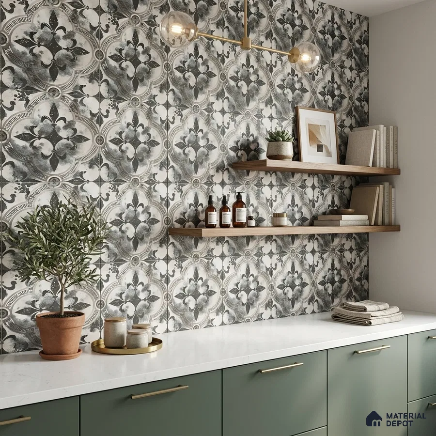 Modern kitchen with sage green laminate cabinets, white quartz countertop, and black-and-white floral patterned wall tiles