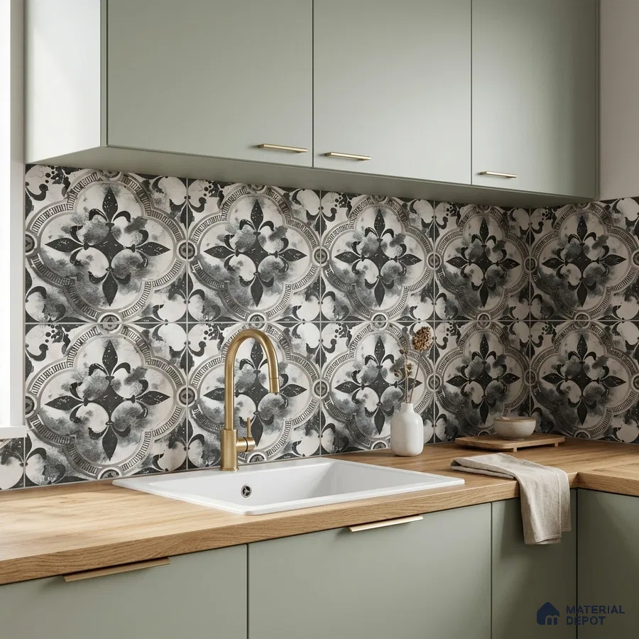 Modern kitchen with sage green laminate cabinets, patterned floral backsplash tile, and wood countertop