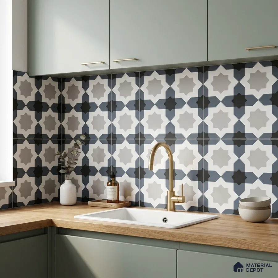 Modern kitchen with sage green laminate cabinets, oak wood countertop, and geometric patterned backsplash tiles